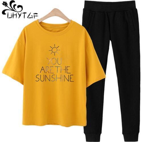 UHYTGF Spring 2 piece set women Fashion loose two piece set top and pants Short sleeve Top with pants Casual women tracksuit1271