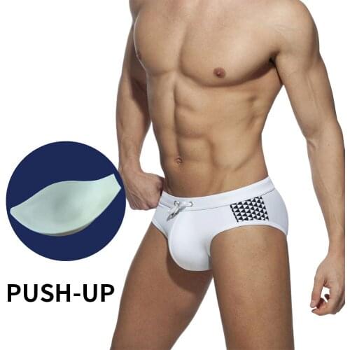 UXH Padded Men Swimming Briefs Sexy Bulge Enhancing Gay Swimwear Fashion Geometric Printing Drawstring Quick Dry Swim Suit
