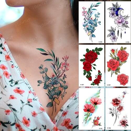 Waterproof Temporary Tattoo Sticker Green Leaf Blue Rose Color Fake Tattoo Chest Tatoo Body Tatto Man Woman Child Flash Tattoos