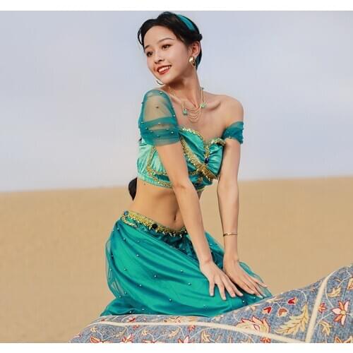 Jasmine Princess Dance Feminine Jasmine Costume Adult Halloween Party Performance Stage Belly Dance Pants Top Veils Headwear