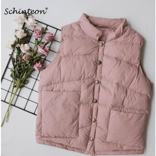 Schinteon Women Light Down Vest Casual Loose White Duck Down Winter Warm Waistcoat Gilet Stand Collar with Big Pockets Fashion