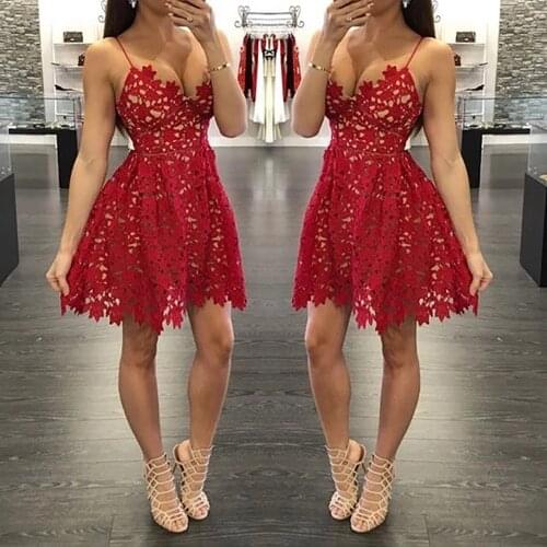 Women Short Homecoming Dresses A-line Spaghetti Straps Mini Lace Elegant Sexy V Neck Cocktail Dress