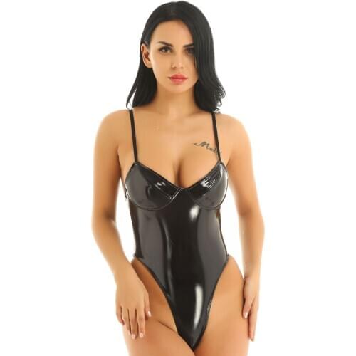Women Wet Look Faux Leather Bodycon Bodysuit Latex Lingerie Sexy Bikini Adjustable Straps High Cut Porno Thong Leotard Underwear