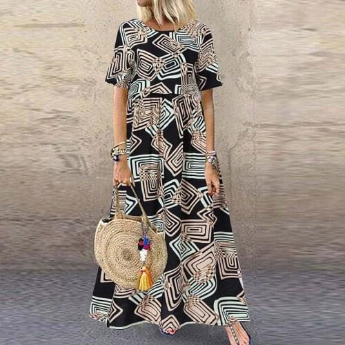 Women Holiday Party Vestidos Summer Retro Midi Dress Geometric Printed Short Sleeve Dress ZANZEA Spring Sundress Femme Robe