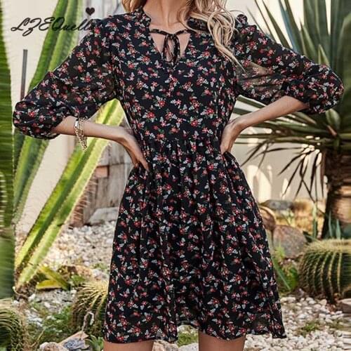 LZEQuella Spring New Print Boho Dress Women Casual V Neck Lace Up High Waist Floral Dress For Women 2021 Summer Chiffon Dress