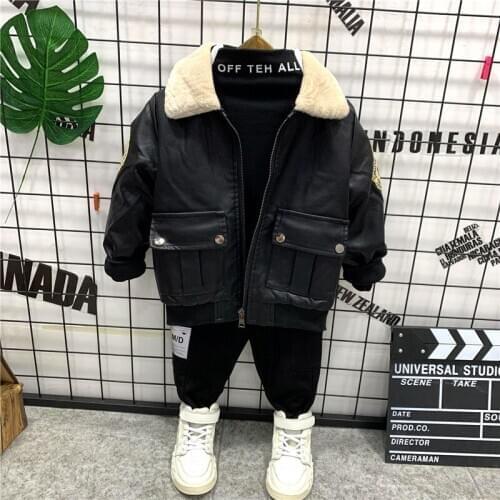 Winter Casual Children Suit Boys Faux Leather Coat +Plus Velvet T-Shirts +Thicken Pants 3Pcs Set Boys Clothing Tracksuits 2-6Y