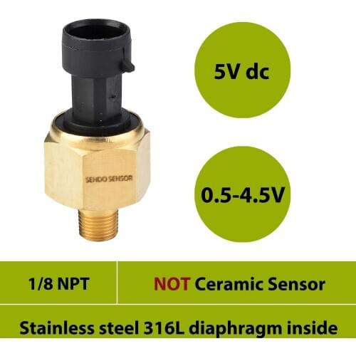 15, 30, 50, 75, 100, 150 psi, 10, 12, 16, 25, 40 bar gauge, 5V pressure sensor, 0.5 4.5V output, stainless steel 316L diaphragm