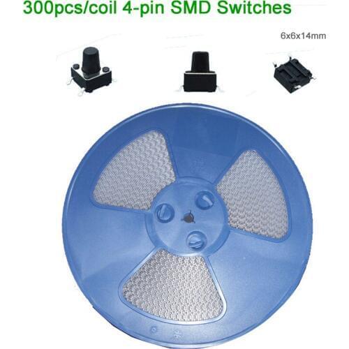 300pcs/Reel 4 pins 6*6*14 mm SMD Tactile Push Button Tact Switches 6x6mm