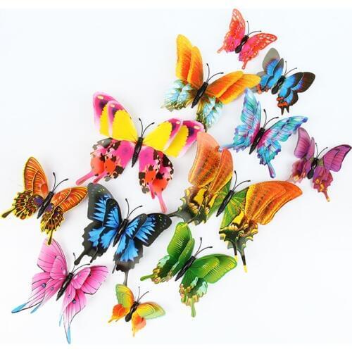 12Pcs 3D Three-dimensional Double-layer Artificial Color Butterfly Creative Home Diy Living Decoration Stickers Wrist decoration