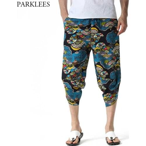 Mens Hipster Capri Cotton Linen Pants 3D Floral Printed Harem Pants Casual Baggy Elastic Waist 3/4 Beach Pants with Pockets 3XL