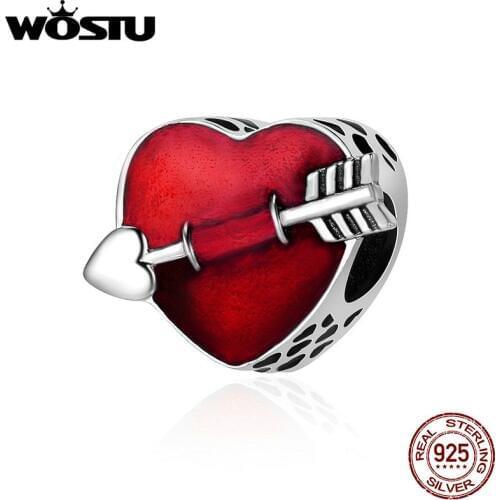 WOSTU 100% 925 Sterling Silver First Love Engrave Arrow Heart Charm Beads Fit Charm Bracelet Jewelry Valentine Day Gift FIC480