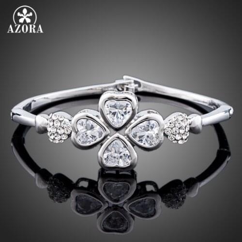 AZORA Clear Heart Cubic Zirconia Four Petals Flower Bangle Bracelet TB0031
