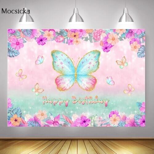 Watercolor Butterfly Theme Happy Birthday Backdrop Decorations Butterflies Wishes Flowers Sea Baby Shower Background Photo Shoot
