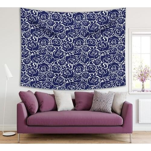 Tapestry Roses Flowers Nature Themed Nostalgic Navy Blue and White Classic Vintage Floral Art Print