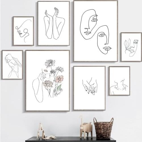 Line Draw Face Canvas Poster Nordic Style Print Scandinavian Flower Wall Art Painting Decor Pictures Minimalist Home Decoration