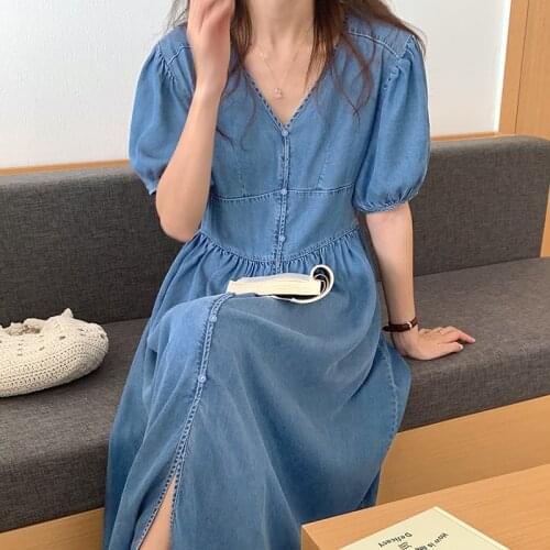 Korean Chic Minimalism French Deep V-Neck Single-Breasted Slim High Waist Casual Bubble Sleeve Denim Dress
