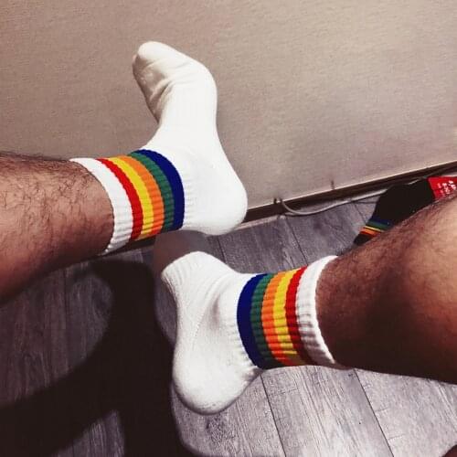 Fashion White Unique Design Rainbow Striped Socks Sexy Gay Top Vers Bottom Men Sports Tube Football Socks Comfortable