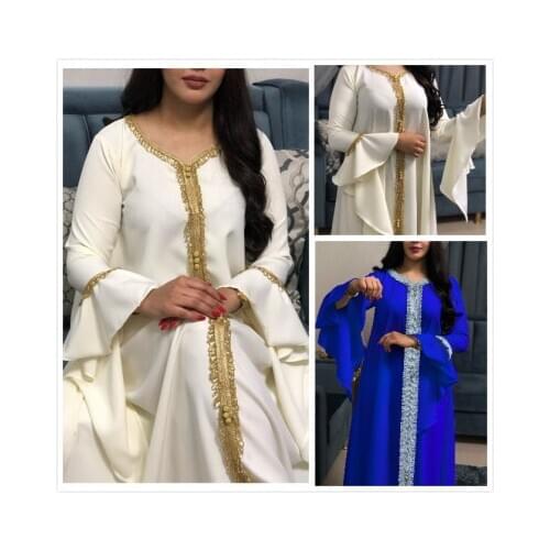 Muslim Abaya Embroidery Dresses Hijab Lace Jalabiya Golden Ribbon Bandage Fall Africa Dashiki Eid Ramadan Islamic Prayer Turkish