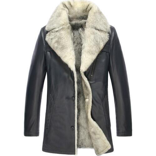 Winter Genuine Jacket Men Real Wolf Fur Liner Long Sheepskin Plus Size Warm Leather Coat 5051 KJ1366