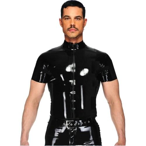 Men Women Faux leather Shirts PU Leather Zipper T Shirts Men Sexy Fitness Tops Gay Latex T-shirt Tees Punk Uniform Shirt