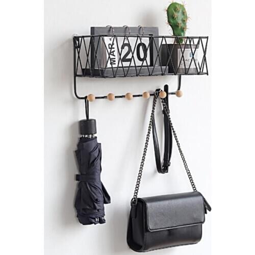 New 1pc Metal Wood Wall Mount Storage Shelf Rack Hanging Basket with Hooks Book Key Bag Holder Racks Home Storage Organizer