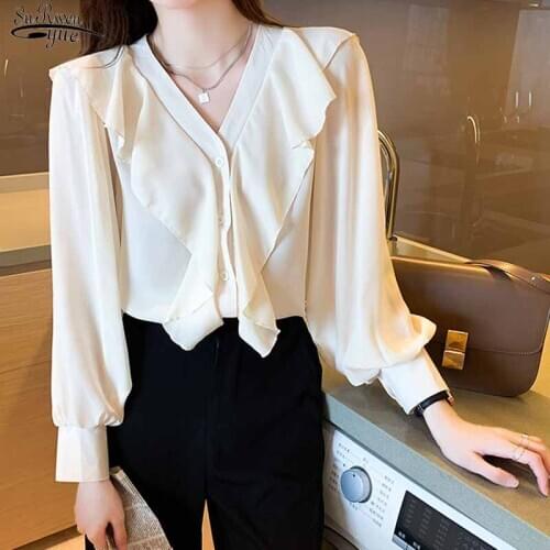 Solid Color V-neck Women Long Lantern Sleeve Slim Fit Cardigan Shirts 2021 Autumn Korean Style Ruffled Blouse Blusas Mujer 11458