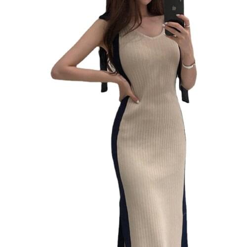 Vintage Sleeveless Backless Dress Summer Patchwork Bow Knitted Sexy Bottom Dresses Women Pullovers Slim Split French Robe Femme