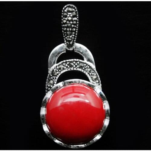 VINTAGE 925 STERLING SILVER RED CORAL MARCASITE NECKLACE PENDANT 40X20MM