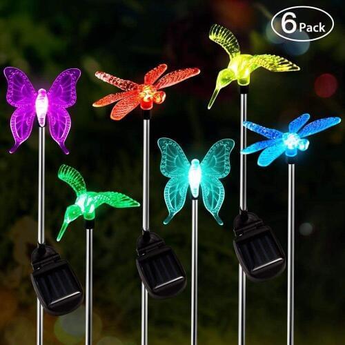 6PCS Solar Butterfly Dragonfly Hummingbird Garden Light Outdoor Solar Stake Light Color Changing Solar Landscape Lawn Yard Light
