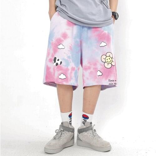 EukaaRu Harajuku Hand Painted Cartoon Graffiti Tie Dye Shorts Man Streetwear Woman Oversized Shorts Lovers Leisure Baggy Capris