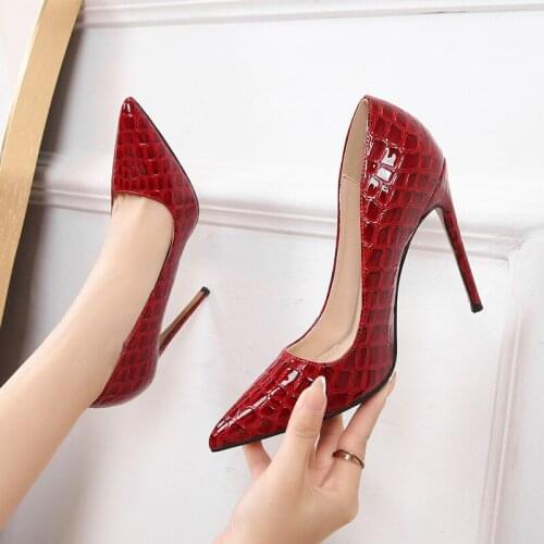 Crocodile Print Sexy 12cm Classic Stilettos Women Pumps Extreme High Heels Pointed Toe Model Show Club Party Shoes Plus Size 46