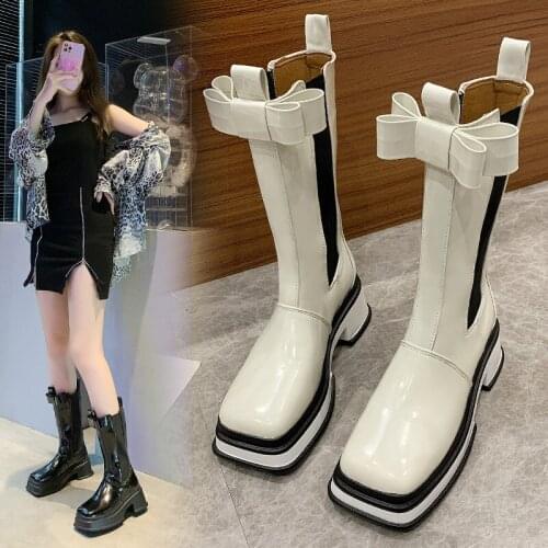YSHUNIJ Shoes Simple White Fairy 2021 New Korean Version of The Thick-bottomed Chelsea Boots Womens Mid-barrel Locomotive Boots