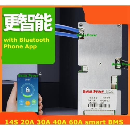 Li-ion 14S 20A 30A 40A 60A 48V 52v lithium smart BMS pcb balance charge display with communication UART android Bluetooth App