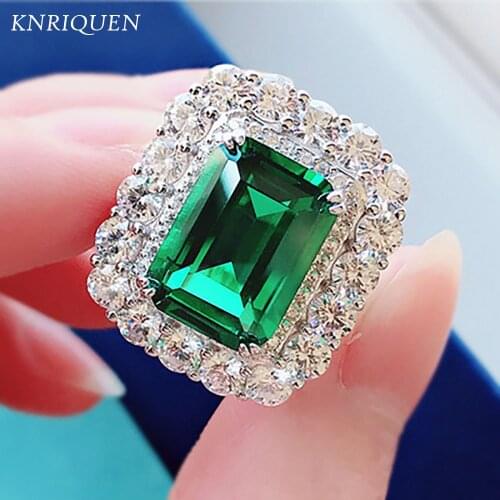 Vintage 925 Sterling Silver 10*14mm Lab Cultivated Emerald Gemstone High Carbon Diamond Rings for Women Cocktail Fine Jewelry