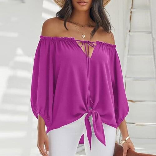 Harajuku Summer V Neck Off Shoulder Solid Color Shirt Bow Tie Long Sleeve Tops Tunic Bandage Lantern Sleeve Women Blouse 2021 3