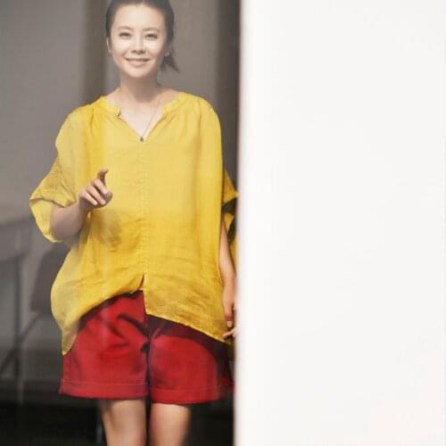 MICOCO C2617 Artistic ginger v-collar joker loose blouse small shirt thin ramie shirt womens summer