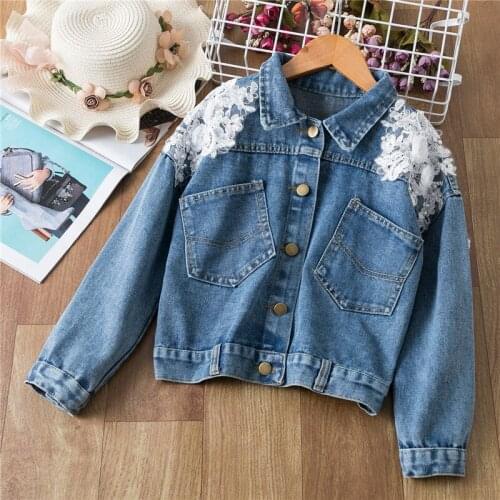 3-12Y Teens Grils Denim Jacket Coat for Childrens Autum Clothes Fashion Princess Kids Blue Cartoon Beading Outwear