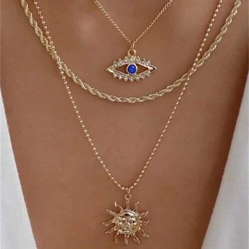 LXY-W Vintage Fashion Gold Multilevel Crystal Eye Sun Totem Pendant Necklace For Women Boho Choker Sun God Chain Jewelry Gift