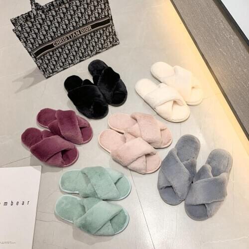 Winter Women House Slippers Faux Fur Fashion Warm Shoes Slip on Flats Female Slides Black Pink cozy home furry slippers FS005