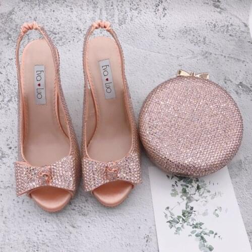 BS1231 Custom Handmade Slingbacks Shoes High Heels Women Shoes Peach Crystal Bow Bridal wedding Shoes With Matching Bag