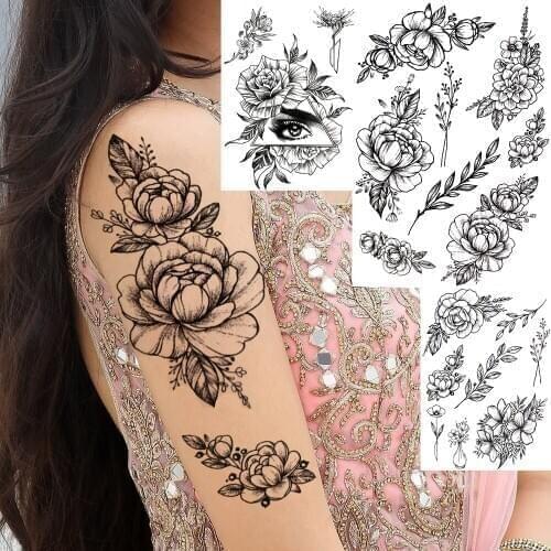 DIY Flower Peony Rose Temporary Tattoos For Women Girls Beauty Eye Triangle Tattoos Sticker Fake Lelf Geometry Black Tatoo Decal