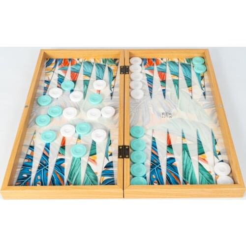 Classic Backgammon Board Game Tavla Wooden Modern Tropic Design Big Size Perfect Gift Dice & Checkers Included