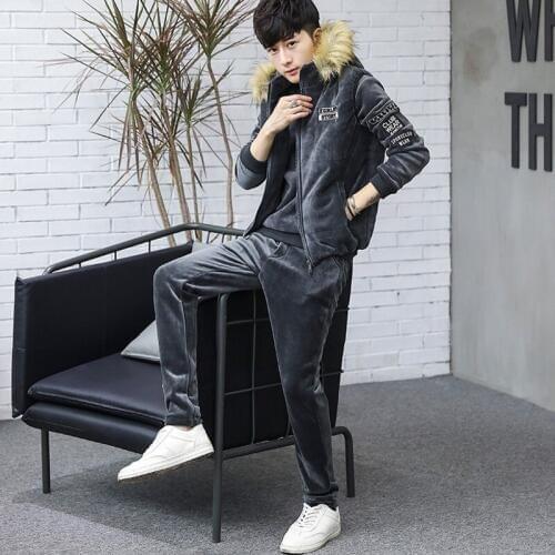 2020 New Mens Sportswear Fashion Sports Suit Autumn Winter Warm Casual Pullover Sweatshirt Hooded Vest Pants Three Piece Set