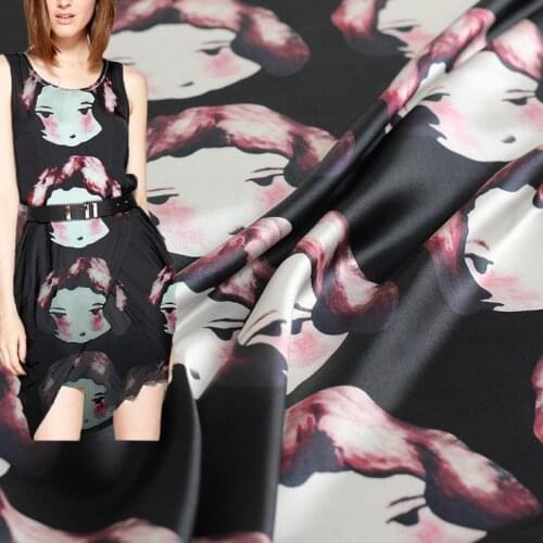 Red Raspberry Cute Black Bottom Baby Head Pattern Printed Fabric Silk Plain Crepe Satin Silk Dress Fabric Free Shipping