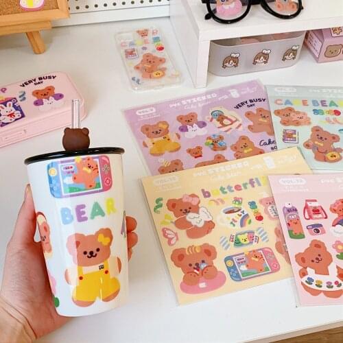 Bear Sticker Cute Water Cup Decoration Sticker Handmade with Love Cute Stickers Korean Stationery
