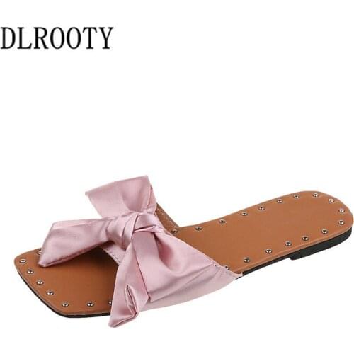 Women Sandals Flip Flops Slippers New Summer Fashion Butterfly-Knot Rivet Slip-On Breathable Non-Slip Shoes Slides Solid Casual