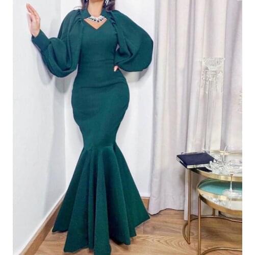Saudi Arabia Dark Green Evening Gowns Puffy Long Sleeves V Neck Mermaid Prom Dresses Robe De Soiree Zipper Back Formal Wear