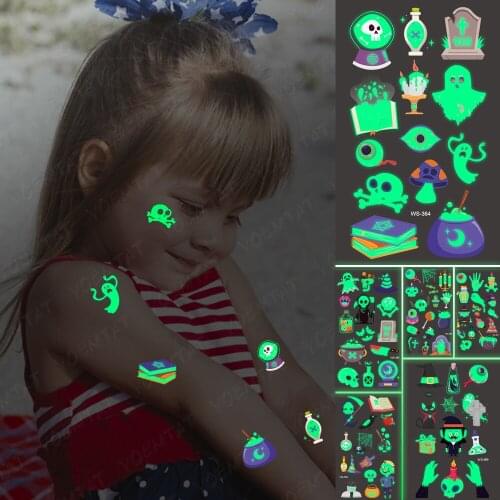 Waterproof Temporary Tattoo Sticker Halloween Cross Ghost Skull Demon Luminous Night Glowing Tatoo Kids Children Boys Fake Tatto