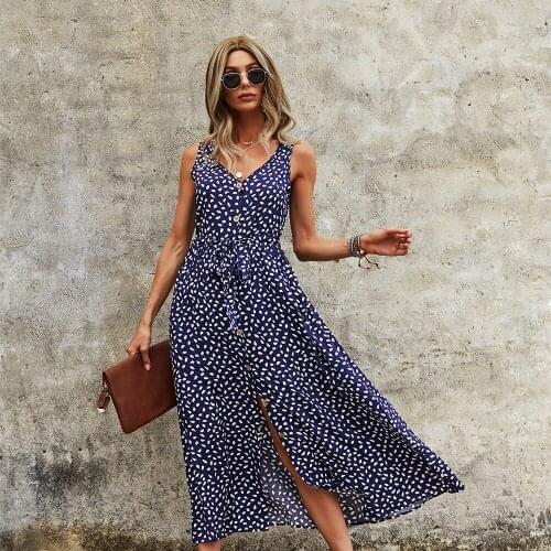 Summer Polka Dot Print Sexy V-neck Sling Ladies Dress Lace Buttons Leisure Beach Sleeveless Loose Long Skirt -40