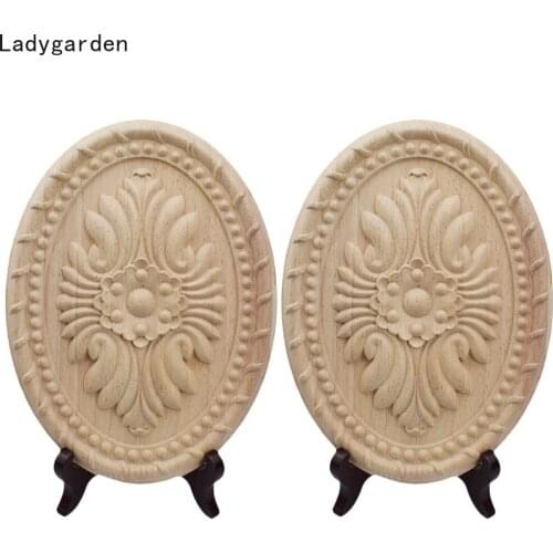 2PCS Flower Carving Natural Wood Appliques for Furniture Cabinet Unpainted Sculptures Wooden Mouldings Decal Decor Statues Craft